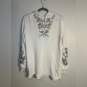 Soft Surroundings Hooded Sweatshirt Floral Embroidered Sequin White Velvet XS